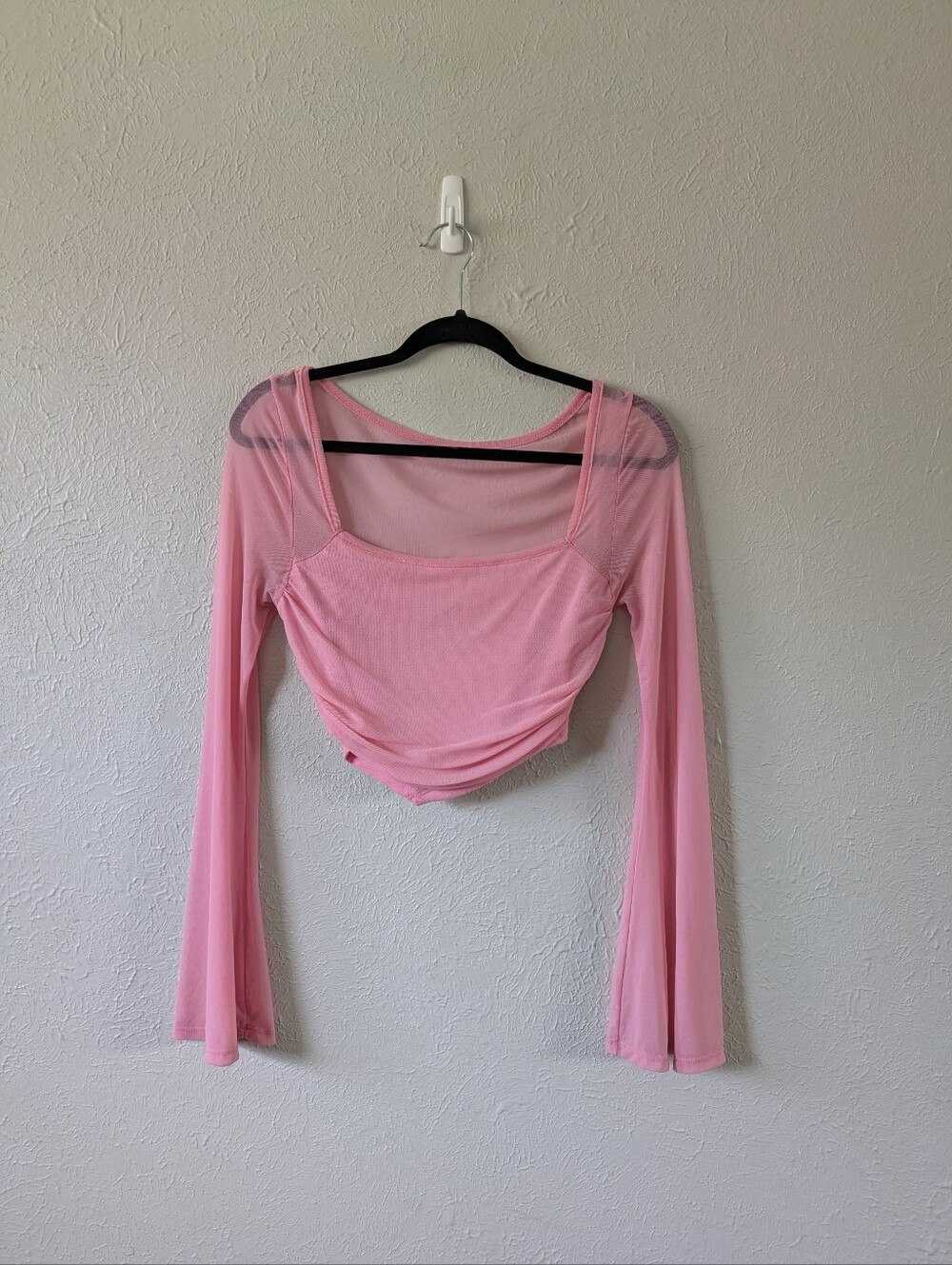 Pink Mesh Long-Sleeve Flare Square Neck Crop Top - Women SHEIN